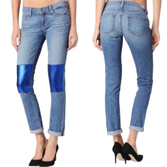 NWT Paige Jimmy Jimmy Skinny Nico Blue Metallic Knee Jeans Size 27